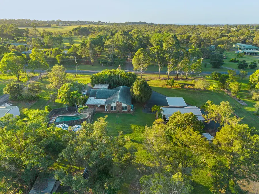Aerial of a five-acre Dundowran property with pool